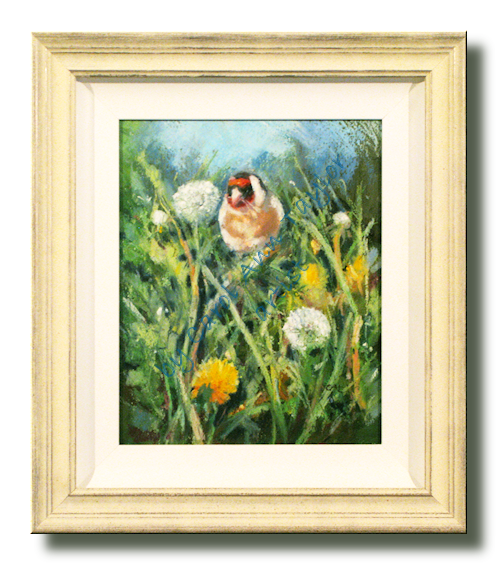 Framed painting of a delighfull Gold Finch in red gold and black plummage amongst meadow flowers seeking seeds.