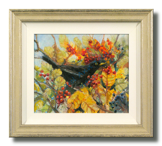 Framed painting a very British blackbird seeking autumn berries.