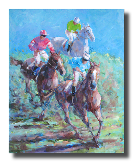 A fast run steeplechase, horses hurtling over the final jump and making a run for the finish.