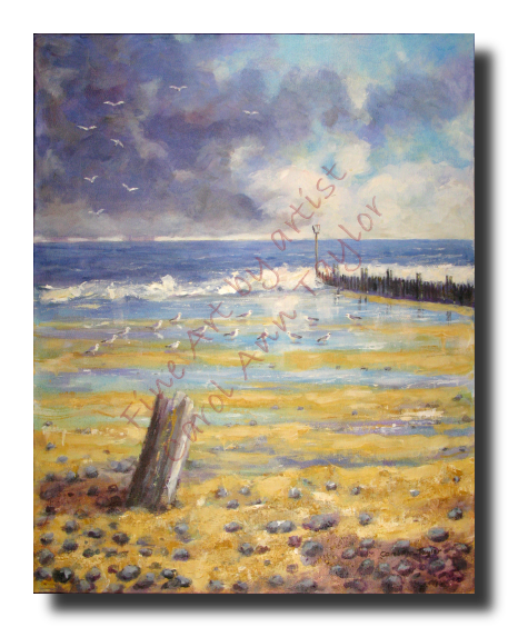 A quiet Norfolk beach with ebbing rough tide and churning sea. Gulls swooping in the stormy sky and gathering on the sands, feeding in the remaining sun’s rays.
