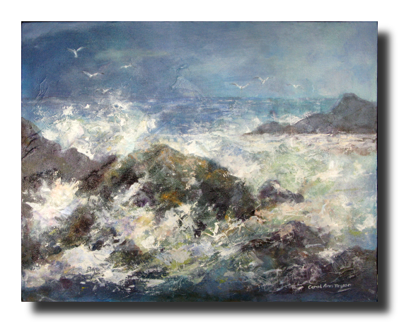 Gulls swooping in dark blue stormy skies with angry waves crashing against rugged ancient rocks and a hint of sun sparkling through.